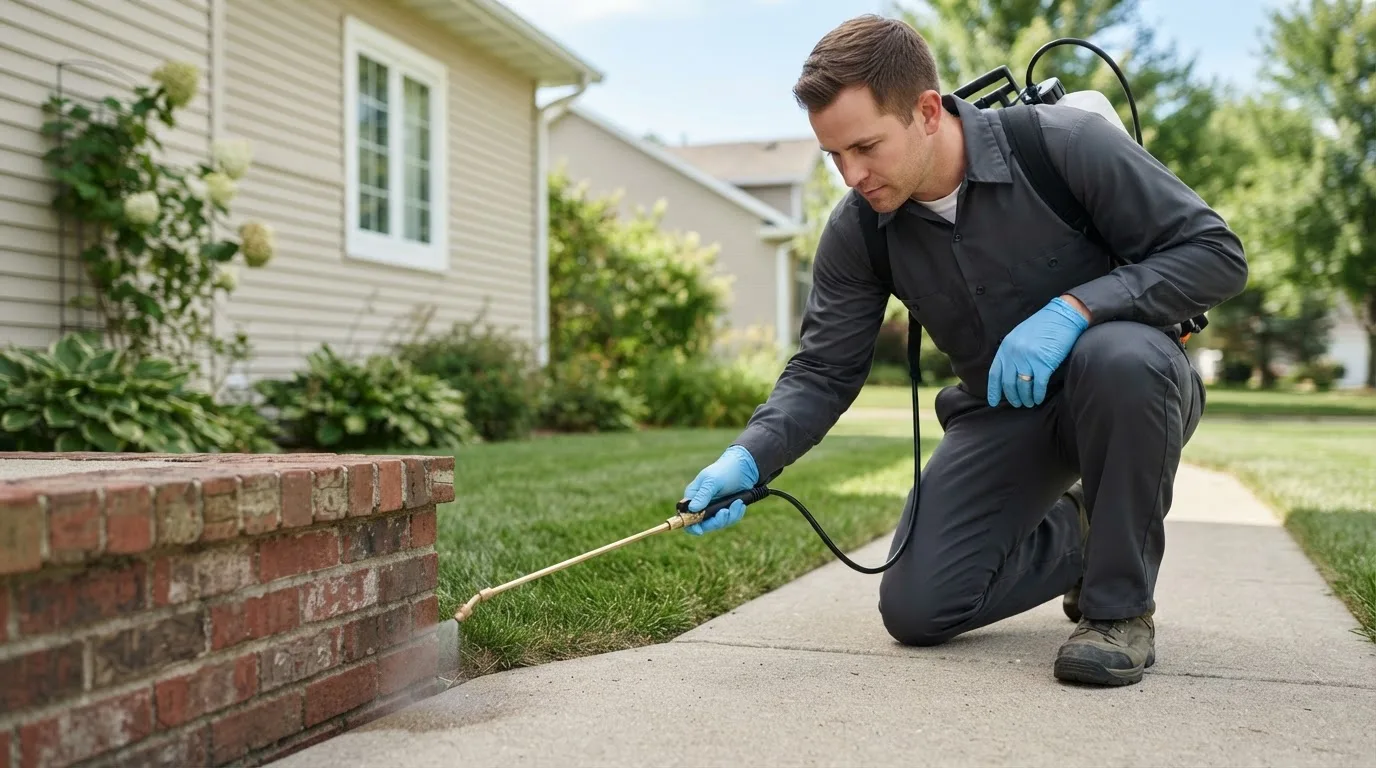 Pest control technician treating a home near Monroe, OH